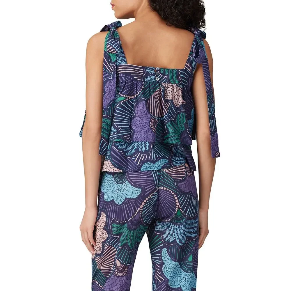 Warm  3/Large Purple Green Floral Tie Strap Square Neck Crop Woodstock Tank Top - Picture 3 of 8